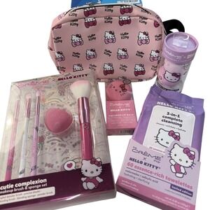 Hello Kitty 5pc Beauty Set Brushes Blenders Lip Balm Wipes Crossbody NIB